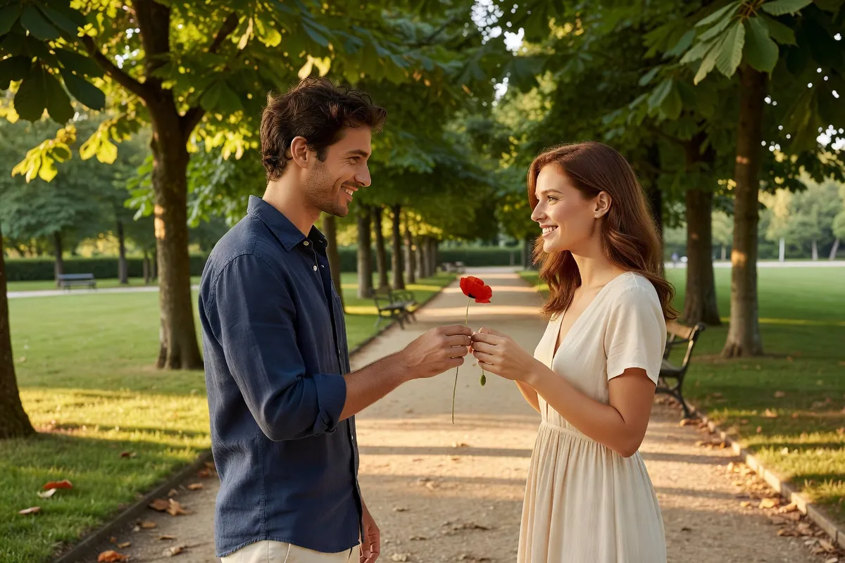 Homme offrant une fleur avec sincérité