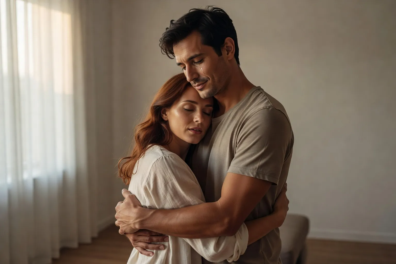 Un couple se réconciliant après un conflit, dans une ambiance de soulagement et de tendresse
