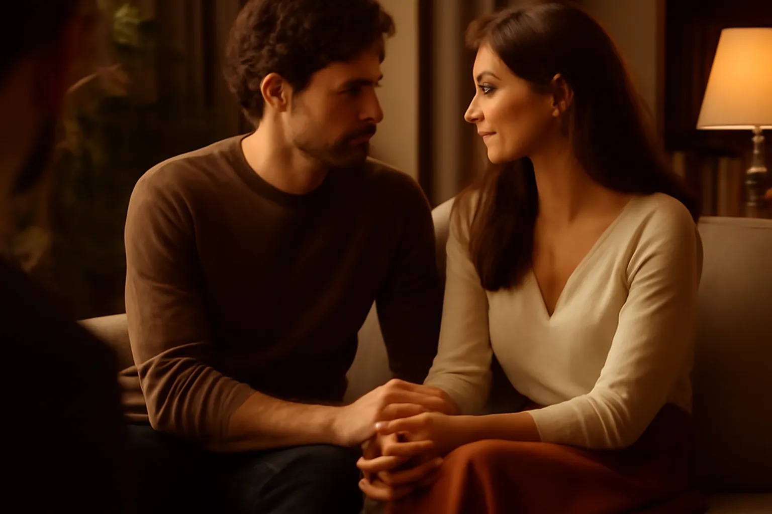 Couple en pleine conversation intime et bienveillante sur un canapé