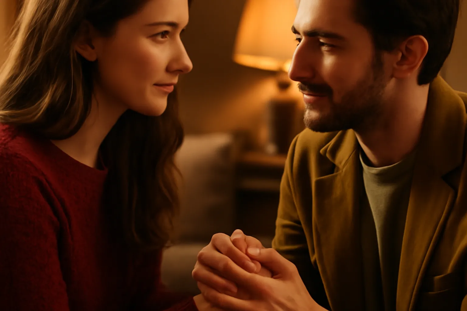 Couple souriant partageant un moment de complicité et d'écoute mutuelle