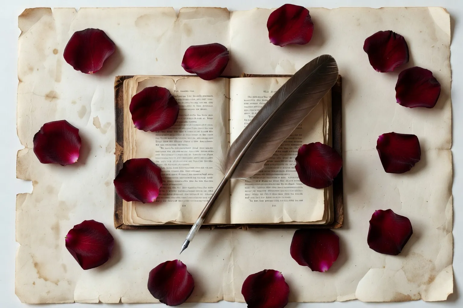 Mise en scène plate avec pétales de roses, un livre ouvert et une plume sur papier crème
