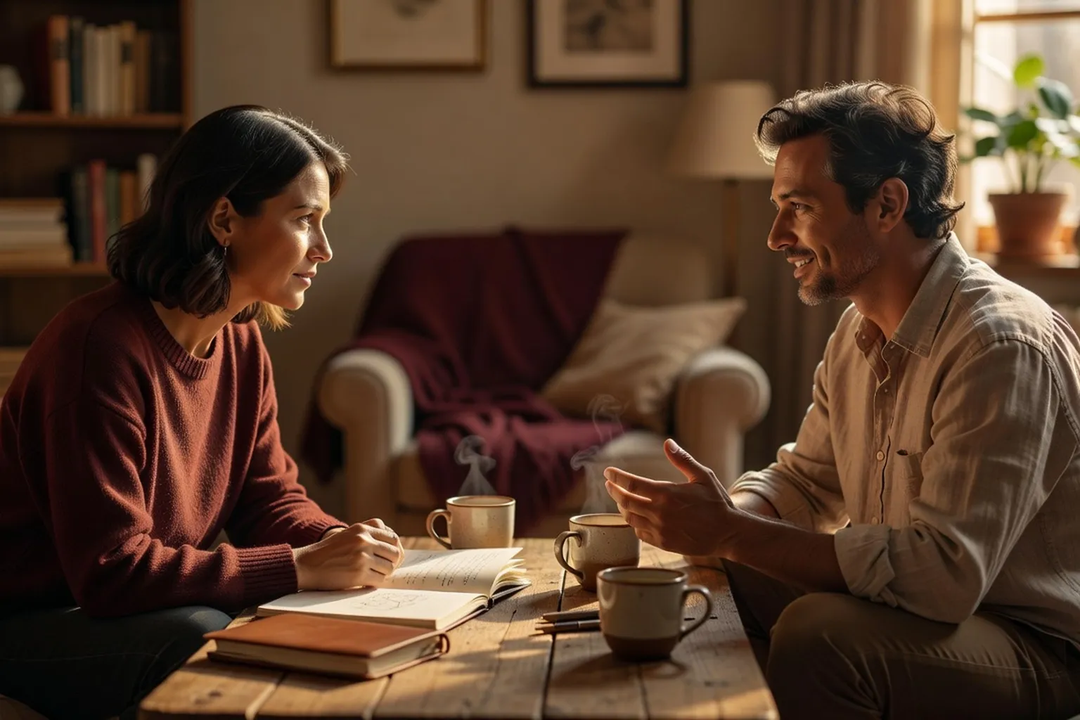 Deux partenaires en conversation calme et profonde, communication non-violente dans le couple