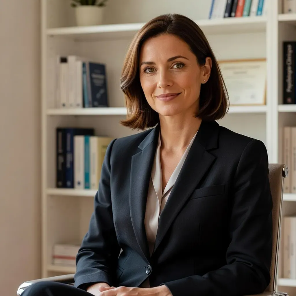 Portrait du Dr. Camille Renard, sexologue clinicienne à Paris, bureau lumineux