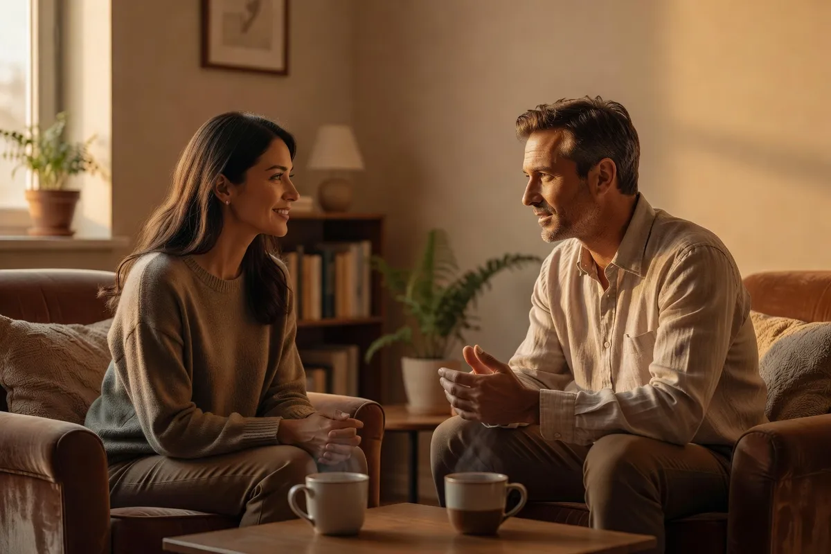 Deux personnes en conversation profonde et bienveillante, psychologie de couple