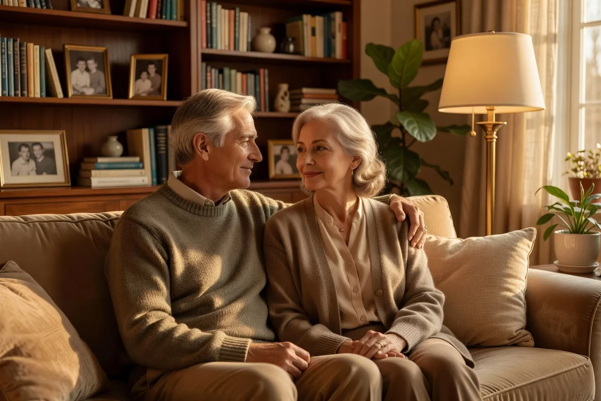Couple mature et complice partageant un moment d'intimité chaleureuse à la maison
